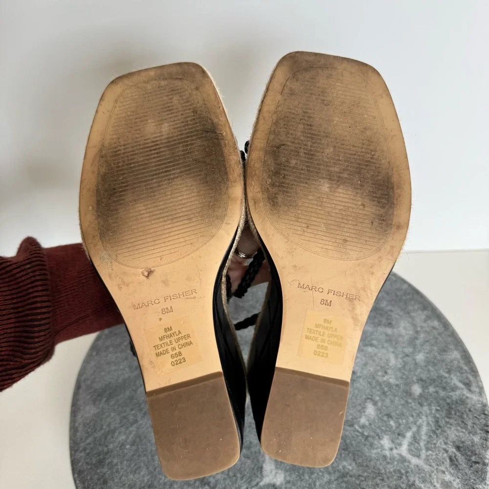 Marc Fisher Black Tan Hayla Wedge Heels Sandals 8 Leather